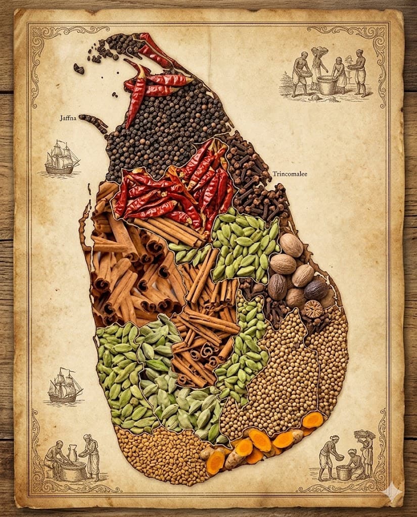 Traditional Sri Lankan spices — cinnamon, cardamom, and chilli at Kottu Hut Bristol